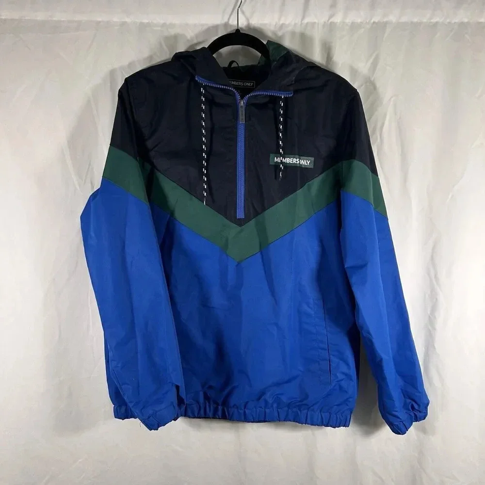 Members Only Jacket Men's Small Blue Green Hooded Pockets 1/4 Zip Pullover